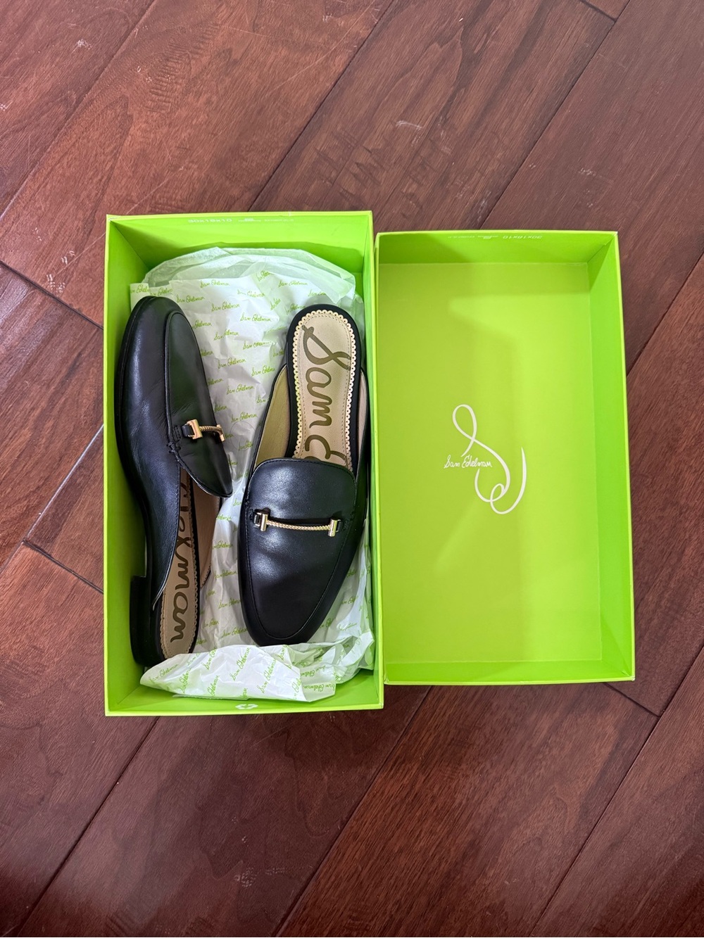 Sam Edelman Lauren Black Leather Mules with Gold Hardware